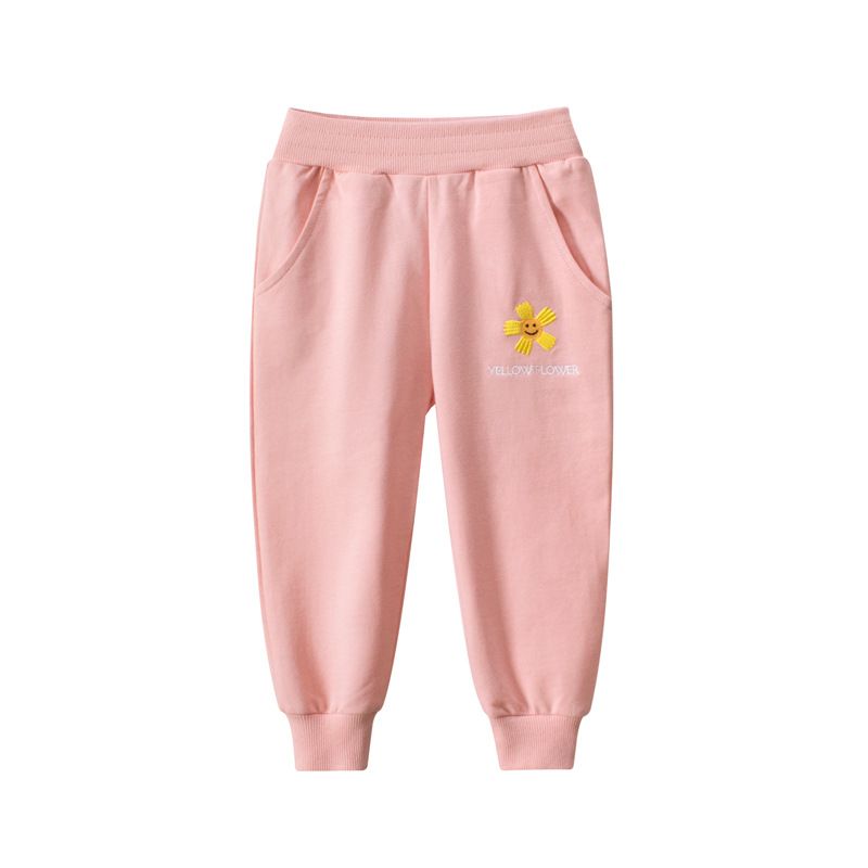 Autumn Children's Casual Flower Print Fleece-Lined Sweatpants - Girls' Loose Casual Leggings, Available in Four Colors