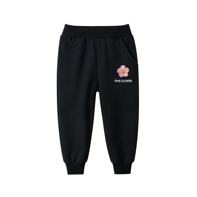 Autumn Children's Casual Flower Print Fleece-Lined Sweatpants - Girls' Loose Casual Leggings, Available in Four Colors