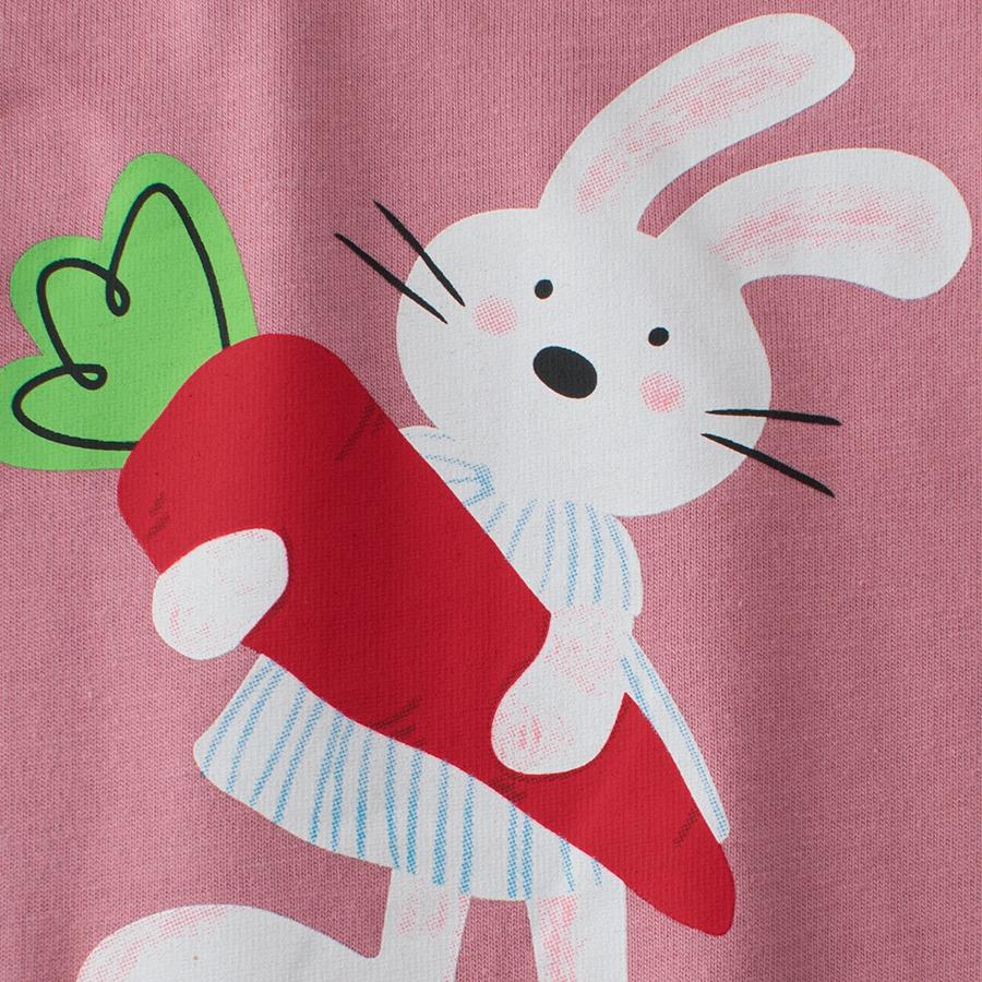 Autumn Children's Rabbit Print Long-Sleeve T-Shirt - Pink Cute Daily Cartoon Color-Block Top, Casual and Comfortable Base Shirt