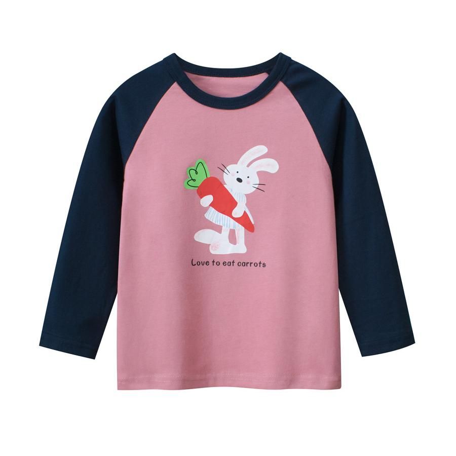 Autumn Children's Rabbit Print Long-Sleeve T-Shirt - Pink Cute Daily Cartoon Color-Block Top, Casual and Comfortable Base Shirt