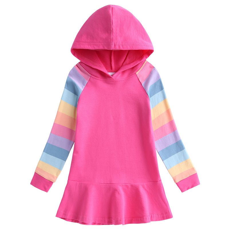 Autumn and Winter Girls' Hoodie Long-Sleeve Dress with Rainbow Stripe Sleeves Multi-Color Design Casual Soft Sweatshirt Dress