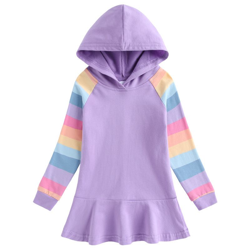 Autumn and Winter Girls' Hoodie Long-Sleeve Dress with Rainbow Stripe Sleeves Multi-Color Design Casual Soft Sweatshirt Dress