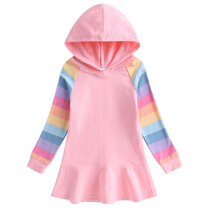 Autumn and Winter Girls' Hoodie Long-Sleeve Dress with Rainbow Stripe Sleeves Multi-Color Design Casual Soft Sweatshirt Dress