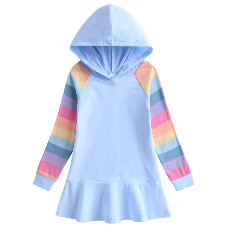 Autumn and Winter Girls' Hoodie Long-Sleeve Dress with Rainbow Stripe Sleeves Multi-Color Design Casual Soft Sweatshirt Dress