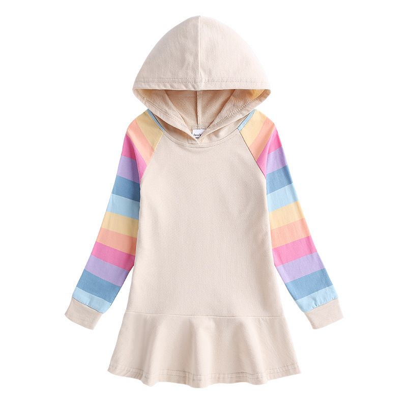 Autumn and Winter Girls' Hoodie Long-Sleeve Dress with Rainbow Stripe Sleeves Multi-Color Design Casual Soft Sweatshirt Dress