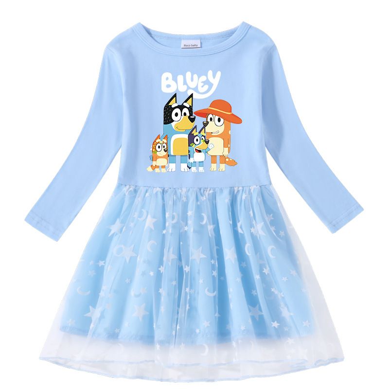 Autumn and Winter Girls' Long-Sleeve Cute Cartoon Dress with Star and Moon Tulle Skirt, Adorable Everyday Printed Princess Dress