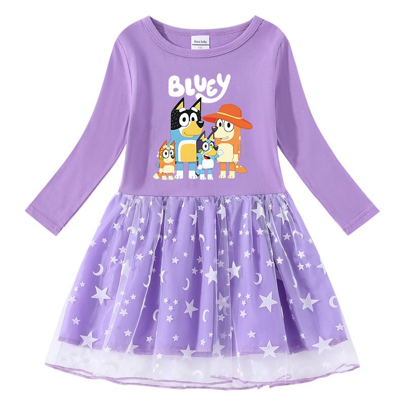 Autumn and Winter Girls' Long-Sleeve Cute Cartoon Dress with Star and Moon Tulle Skirt, Adorable Everyday Printed Princess Dress