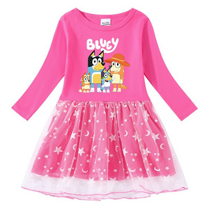 Autumn and Winter Girls' Long-Sleeve Cute Cartoon Dress with Star and Moon Tulle Skirt, Adorable Everyday Printed Princess Dress