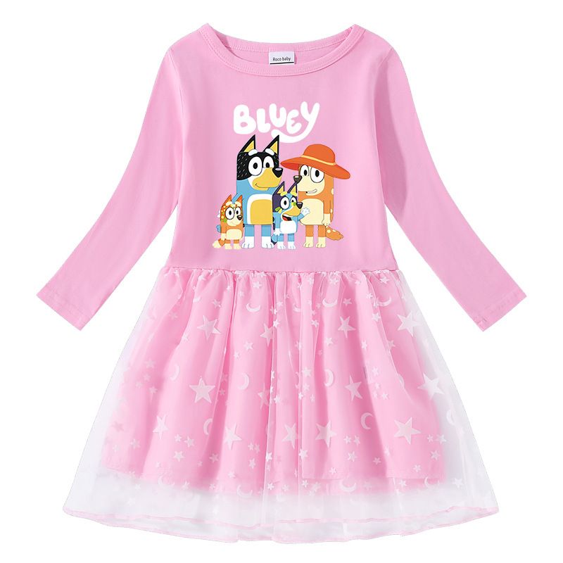 Autumn and Winter Girls' Long-Sleeve Cute Cartoon Dress with Star and Moon Tulle Skirt, Adorable Everyday Printed Princess Dress