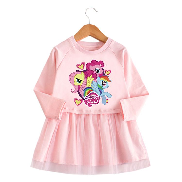 Autumn Winter Girls' My Little Pony Long-Sleeve Dress, Casual Cartoon Print Tulle Skirt, Comfortable Cute Princess Dress