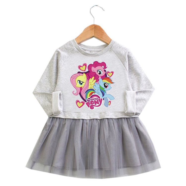 Autumn Winter Girls' My Little Pony Long-Sleeve Dress, Casual Cartoon Print Tulle Skirt, Comfortable Cute Princess Dress