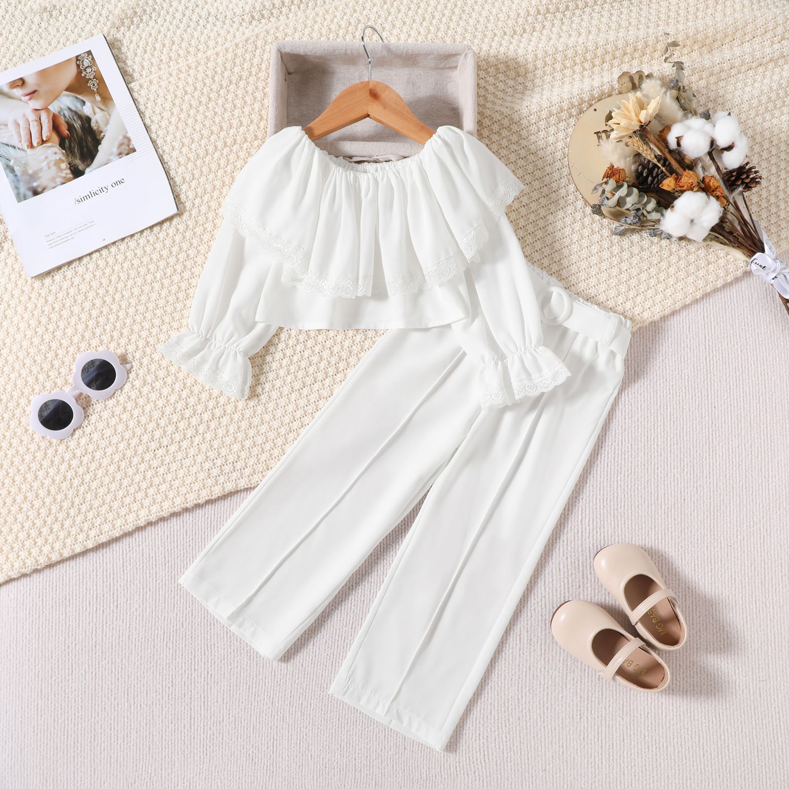 Girls' Off-Shoulder Ruffle Top Long-Sleeve Set, Loose Pants, Fashionable Casual Solid Color Two-Piece Outfit for Spring/Summer