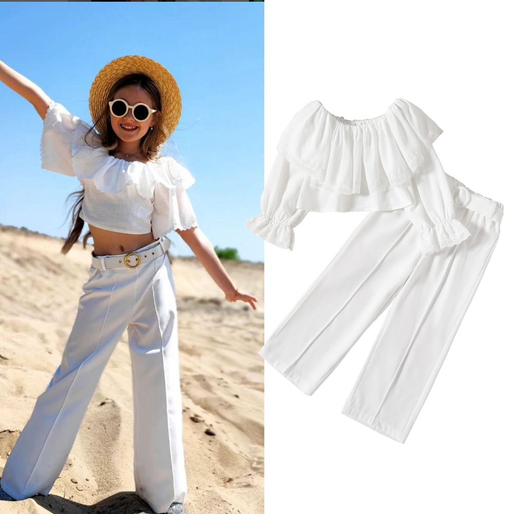 Girls' Off-Shoulder Ruffle Top Long-Sleeve Set, Loose Pants, Fashionable Casual Solid Color Two-Piece Outfit for Spring/Summer