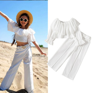 Girls' Off-Shoulder Ruffle Top Long-Sleeve Set, Loose Pants, Fashionable Casual Solid Color Two-Piece Outfit for Spring/Summer