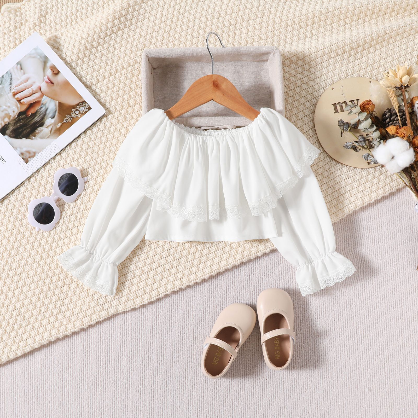 Girls' Off-Shoulder Ruffle Top Long-Sleeve Set, Loose Pants, Fashionable Casual Solid Color Two-Piece Outfit for Spring/Summer