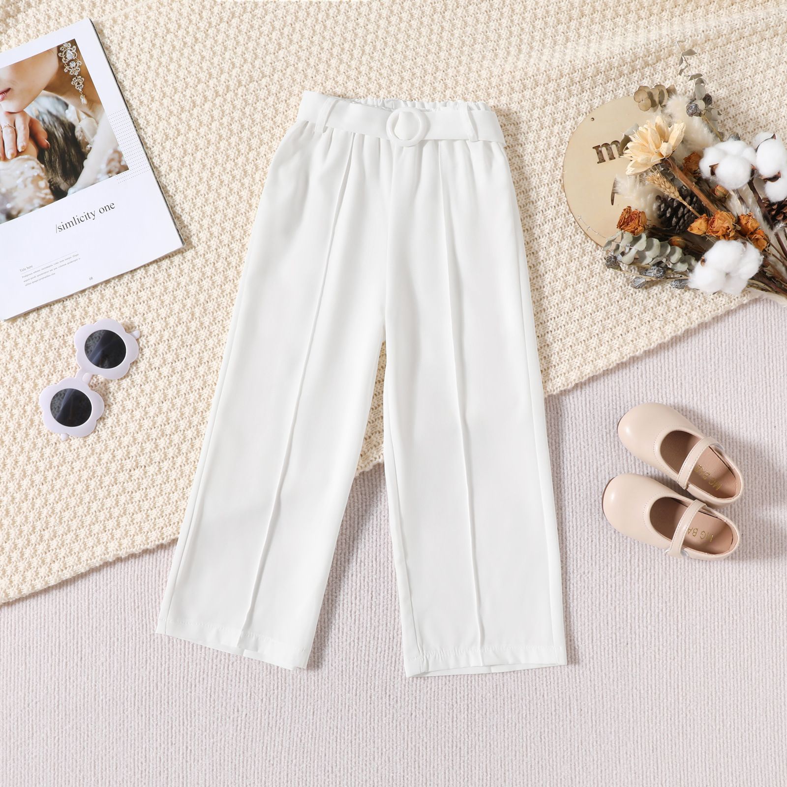 Girls' Off-Shoulder Ruffle Top Long-Sleeve Set, Loose Pants, Fashionable Casual Solid Color Two-Piece Outfit for Spring/Summer