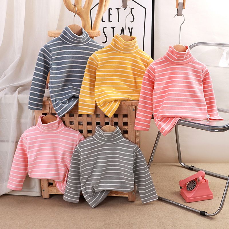 Autumn Winter Striped Turtleneck Base Shirt Girls' Long-Sleeve Thermal Top Kids' Versatile Casual Daily Comfortable Sweater