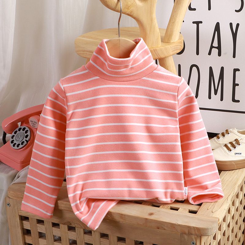 Autumn Winter Striped Turtleneck Base Shirt Girls' Long-Sleeve Thermal Top Kids' Versatile Casual Daily Comfortable Sweater