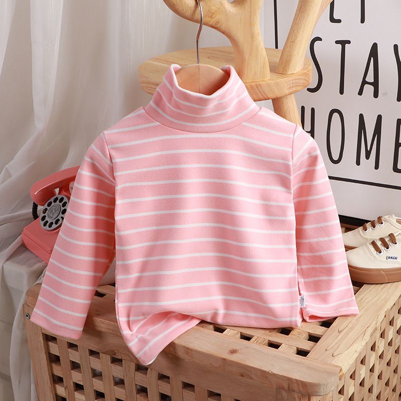 Autumn Winter Striped Turtleneck Base Shirt Girls' Long-Sleeve Thermal Top Kids' Versatile Casual Daily Comfortable Sweater