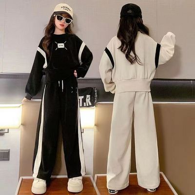 Autumn Winter Girls' Sports Casual Set Color-Block Sweatshirt Long-Sleeve Pants Two-Piece Fashion Thermal Daily Wear