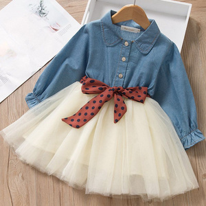 Autumn Girls' Denim Mesh Dress Long-Sleeve Princess Tulle Dress Cute Bowknot Patchwork Fashionable Kids' Clothing