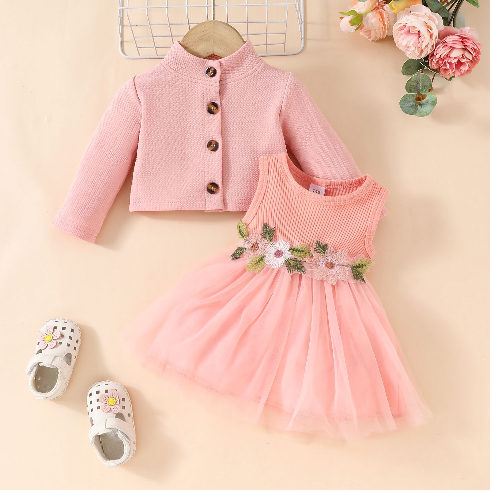 Girls' Tulle Dress Stylish Two-Piece Set Floral Embroidered Sleeveless Tulle Dress with Jacket