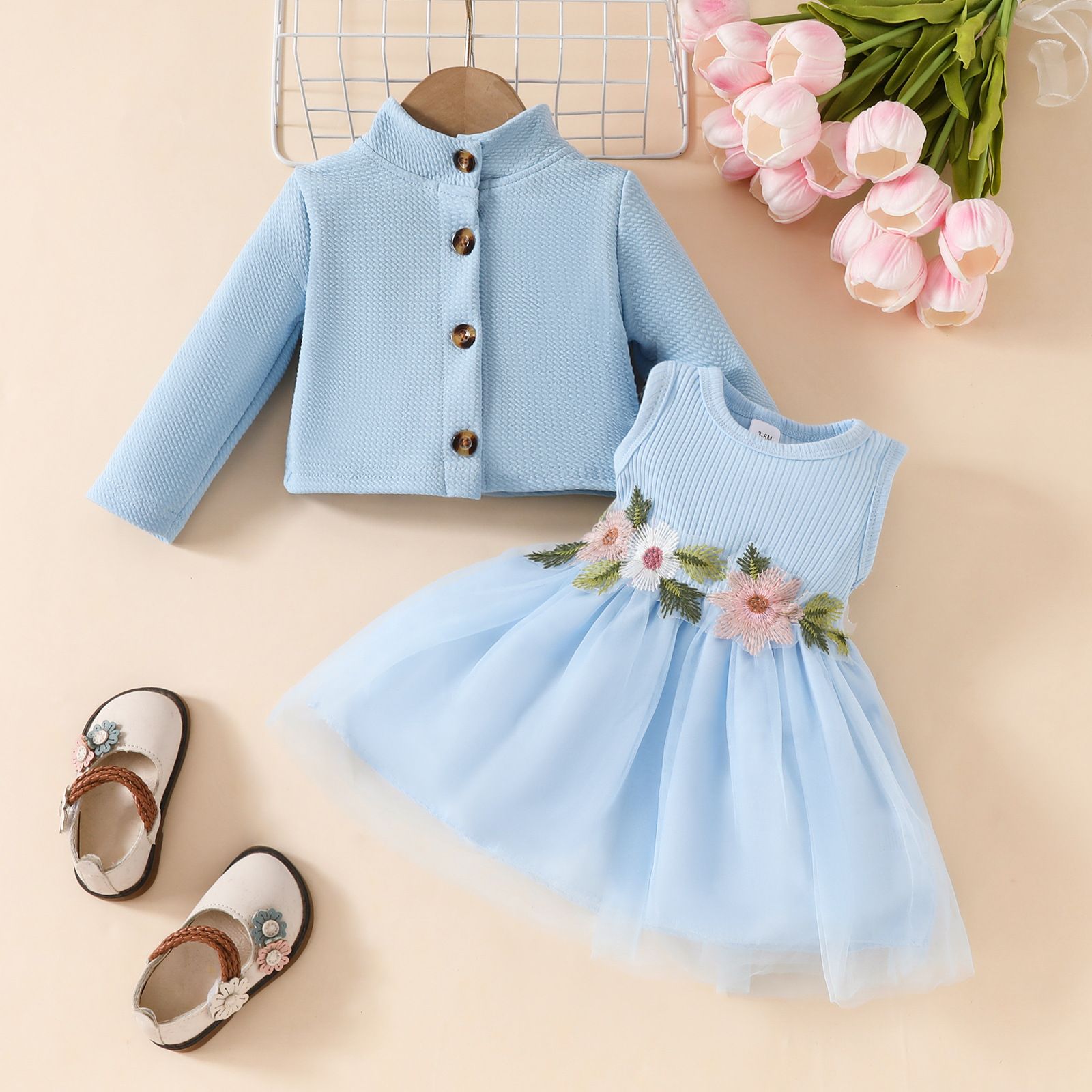 Girls' Tulle Dress Stylish Two-Piece Set Floral Embroidered Sleeveless Tulle Dress with Jacket