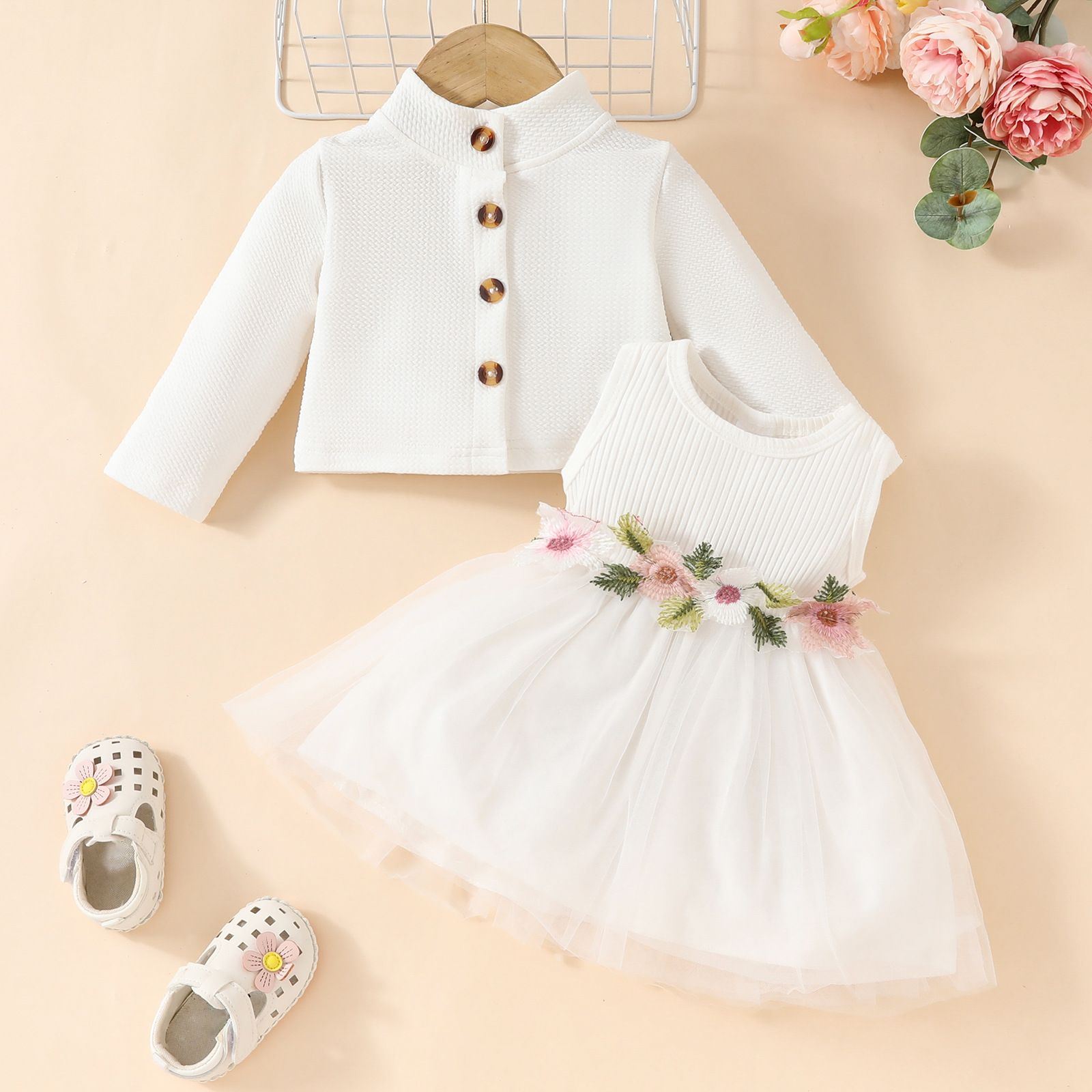 Girls' Tulle Dress Stylish Two-Piece Set Floral Embroidered Sleeveless Tulle Dress with Jacket