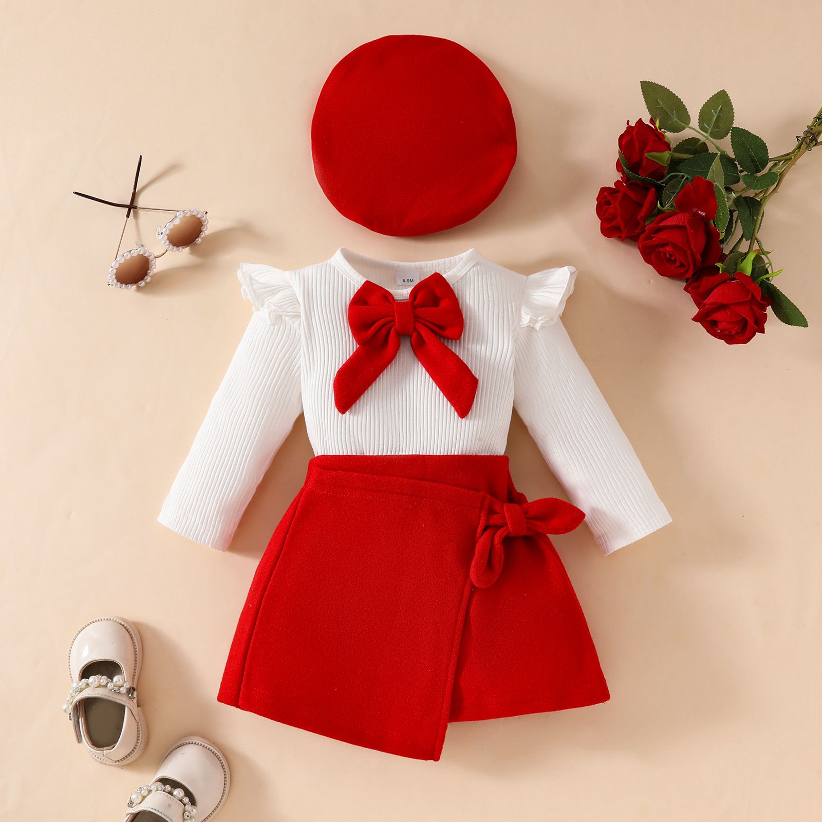 Fashion Girls' Spring and Autumn Long-Sleeve T-Shirt, Fleece-Lined Skirt, and Beret Three-Piece Set | Top and A-Line Skirt