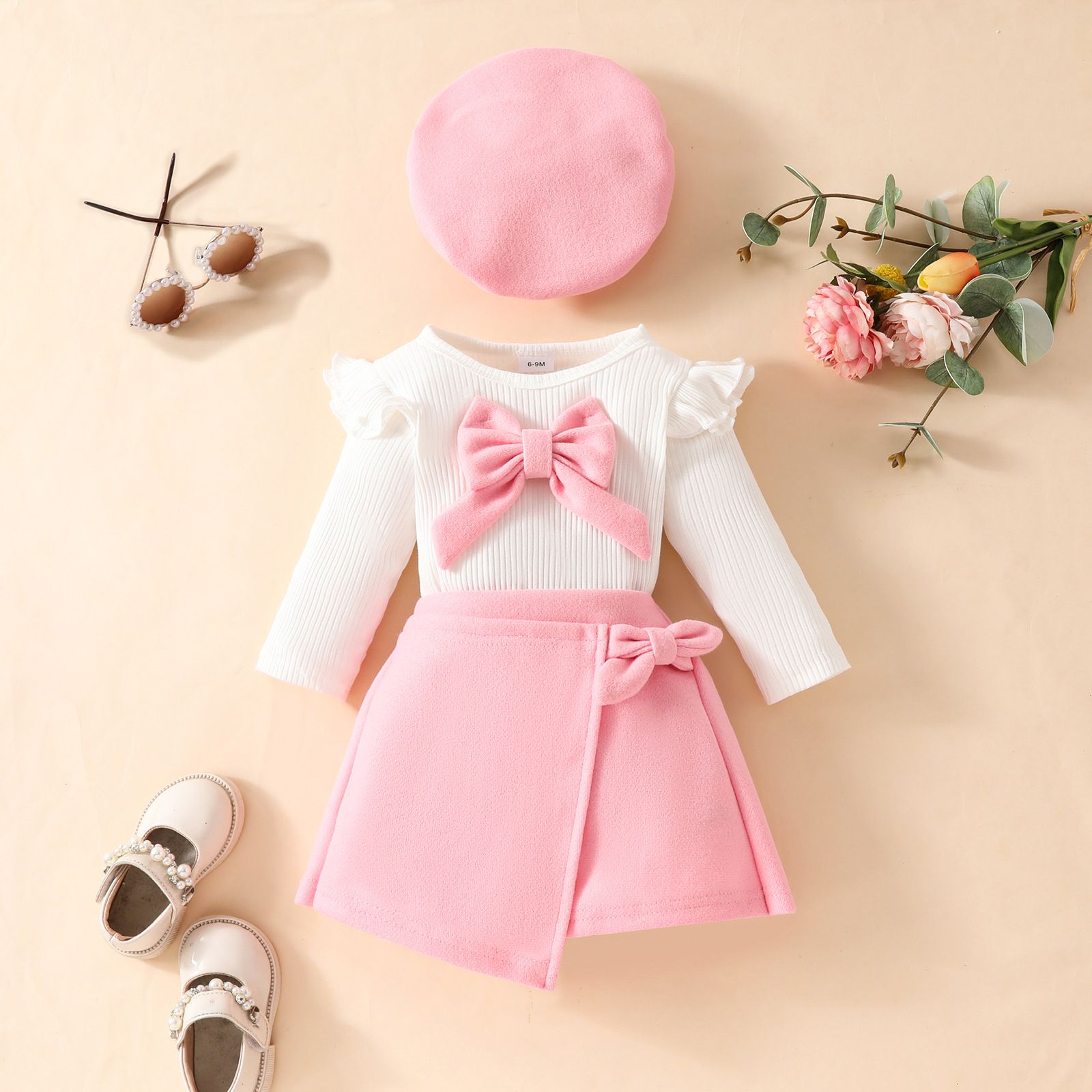 Fashion Girls' Spring and Autumn Long-Sleeve T-Shirt, Fleece-Lined Skirt, and Beret Three-Piece Set | Top and A-Line Skirt