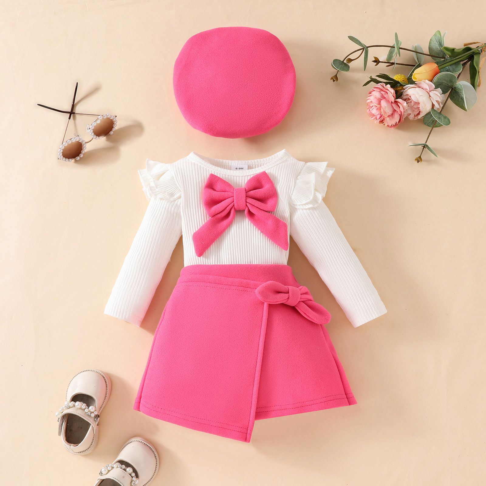 Fashion Girls' Spring and Autumn Long-Sleeve T-Shirt, Fleece-Lined Skirt, and Beret Three-Piece Set | Top and A-Line Skirt