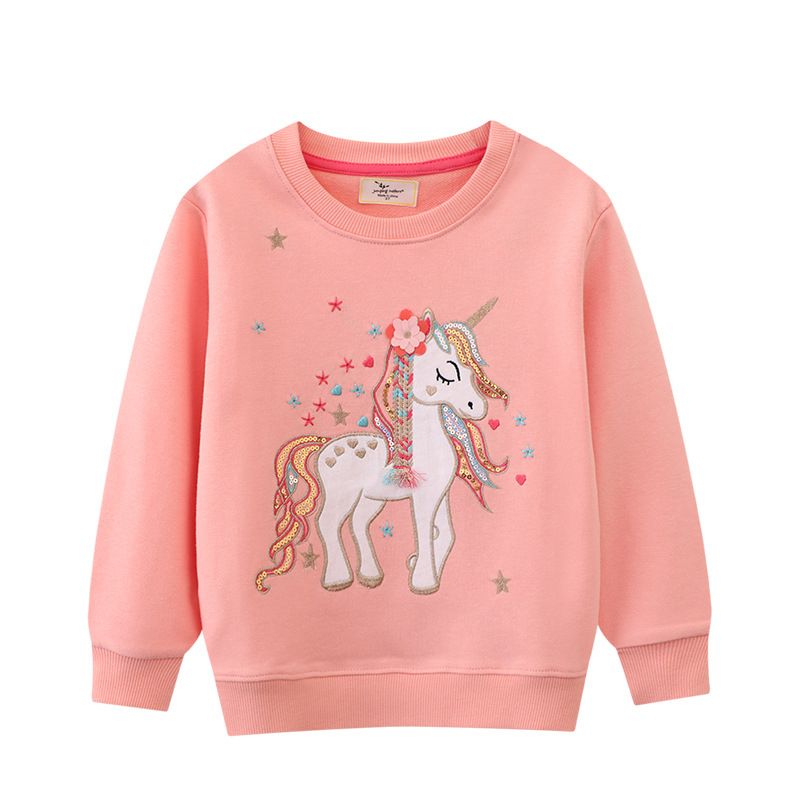 Autumn Winter Girls' Pink Unicorn Embroidered Sweatshirt - Cozy, Fashionable, and Cute Long-Sleeve Top for Everyday Wear