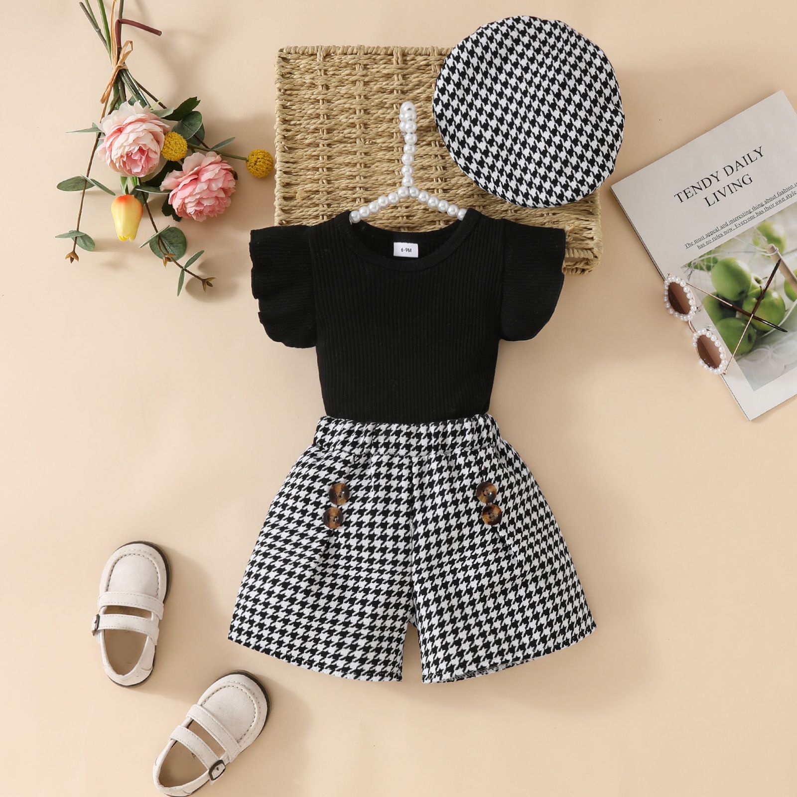 New Spring/Summer Korean Style Fashion Girls' Three-Piece Set, Cute and Elegant Solid Color Top with High-Waist Shorts