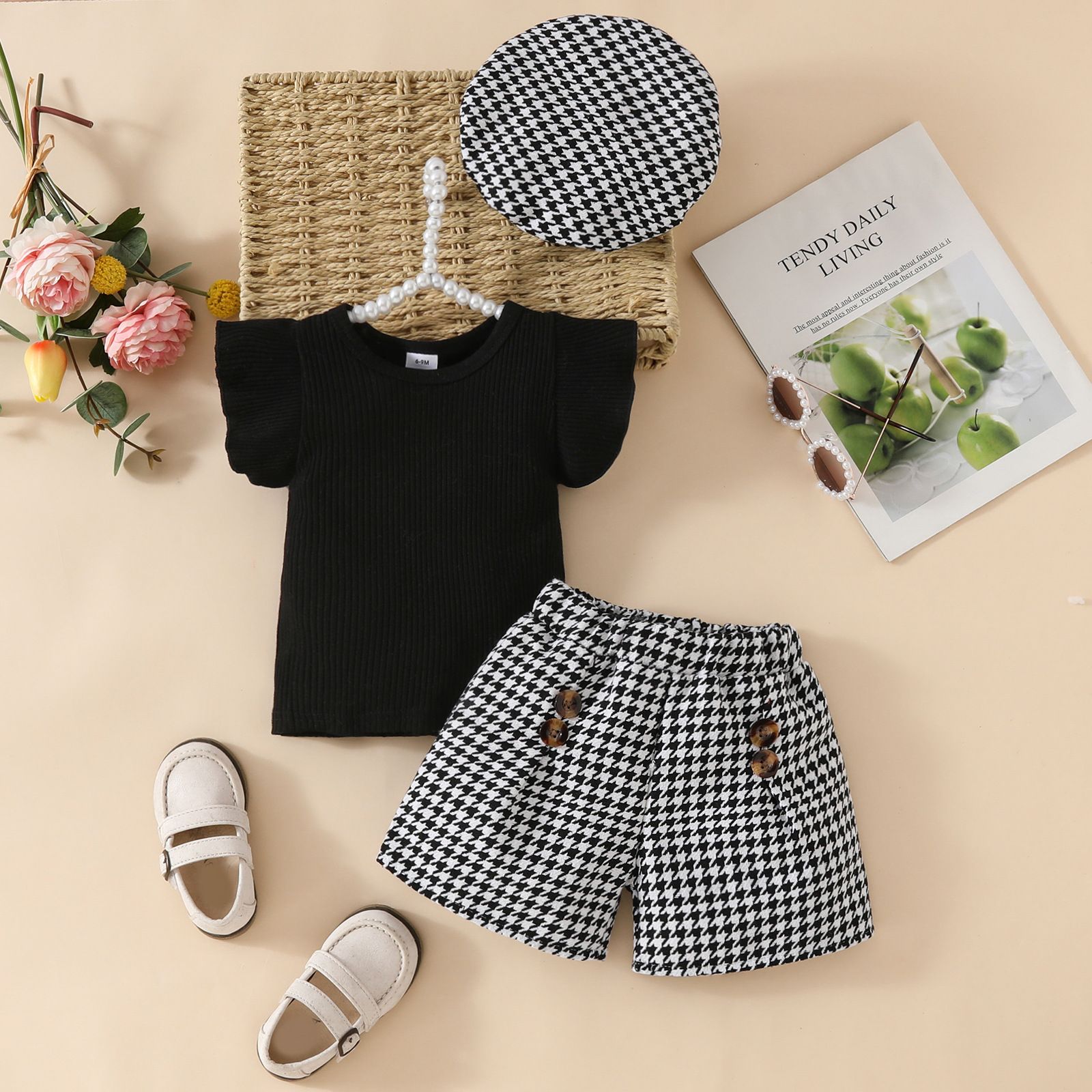 New Spring/Summer Korean Style Fashion Girls' Three-Piece Set, Cute and Elegant Solid Color Top with High-Waist Shorts