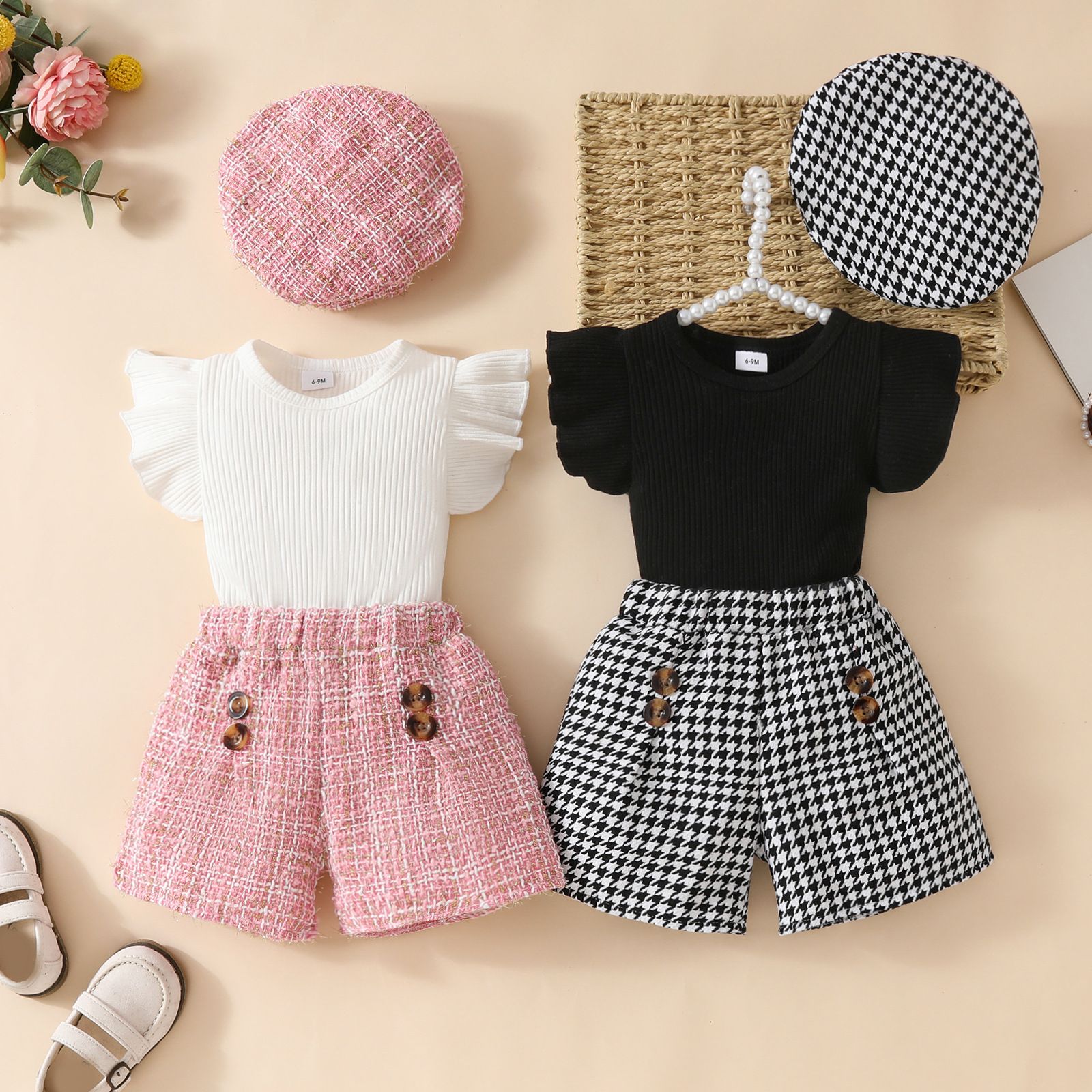 New Spring/Summer Korean Style Fashion Girls' Three-Piece Set, Cute and Elegant Solid Color Top with High-Waist Shorts