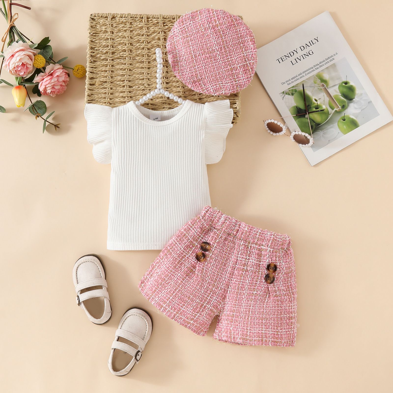 New Spring/Summer Korean Style Fashion Girls' Three-Piece Set, Cute and Elegant Solid Color Top with High-Waist Shorts