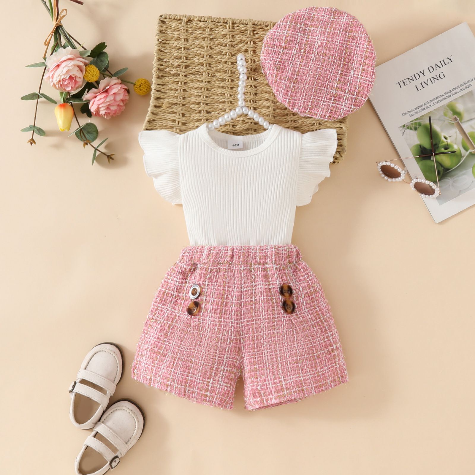 New Spring/Summer Korean Style Fashion Girls' Three-Piece Set, Cute and Elegant Solid Color Top with High-Waist Shorts