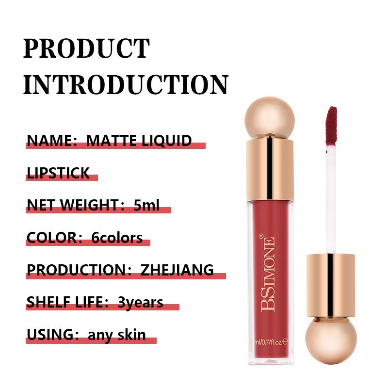 BSIMONE 6 Colors Waterproof No Transfer Lip Glaze Moisturizing Velvet Matte Long Lasting Lip Gloss OEM ODM