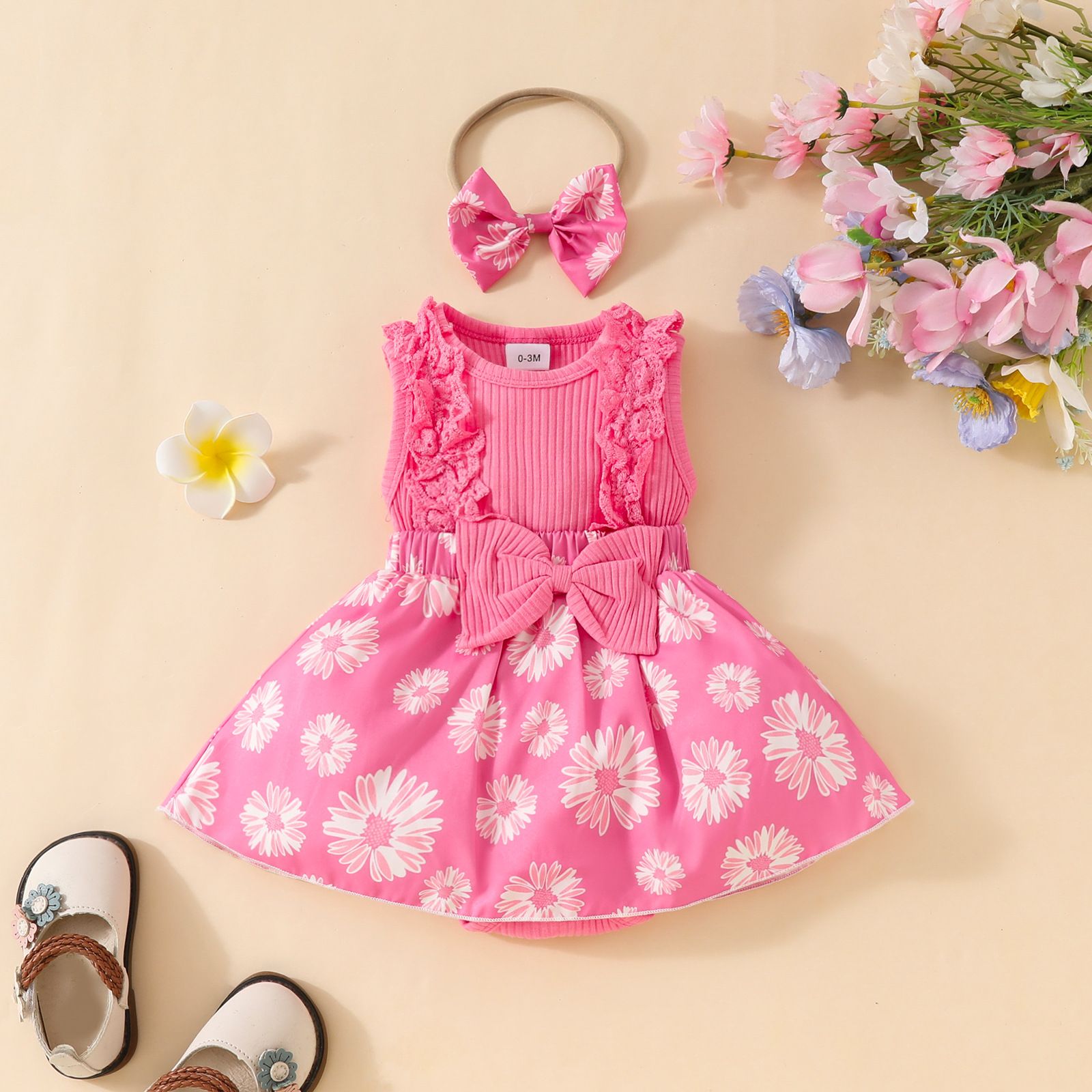 Summer Girls' Lace Sleeveless Dress, Floral Print Princess Dress, Baby Sweet Ruffled Mesh Dress