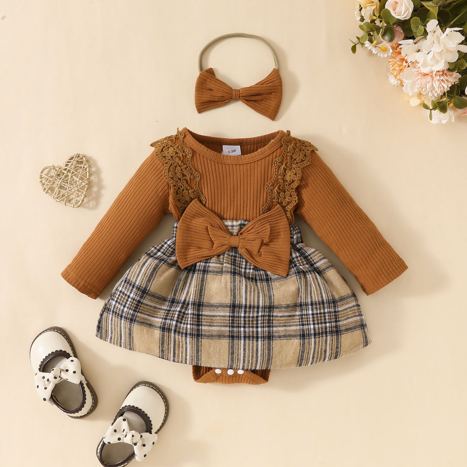 Autumn/Winter New Girls' Checkered Splicing Long Sleeve Dress with Sweet Lace Bow, Cute Daily Sweet Baby Princess Dress