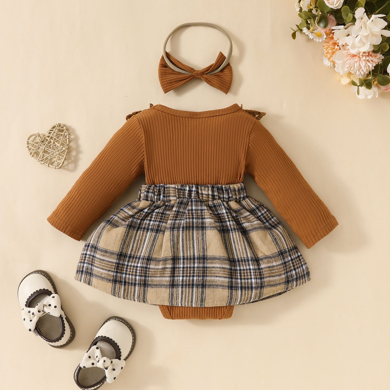 Autumn/Winter New Girls' Checkered Splicing Long Sleeve Dress with Sweet Lace Bow, Cute Daily Sweet Baby Princess Dress