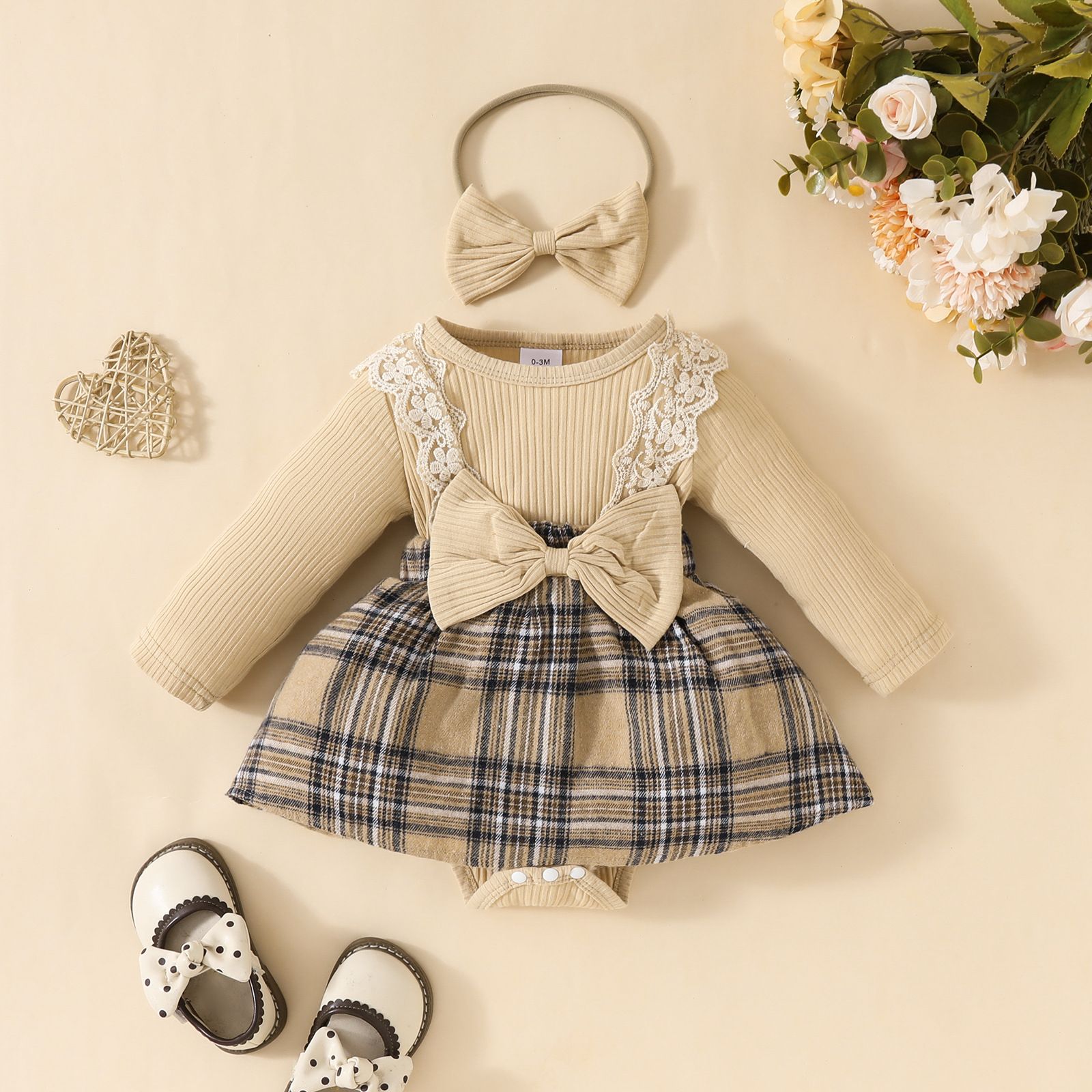 Autumn/Winter New Girls' Checkered Splicing Long Sleeve Dress with Sweet Lace Bow, Cute Daily Sweet Baby Princess Dress