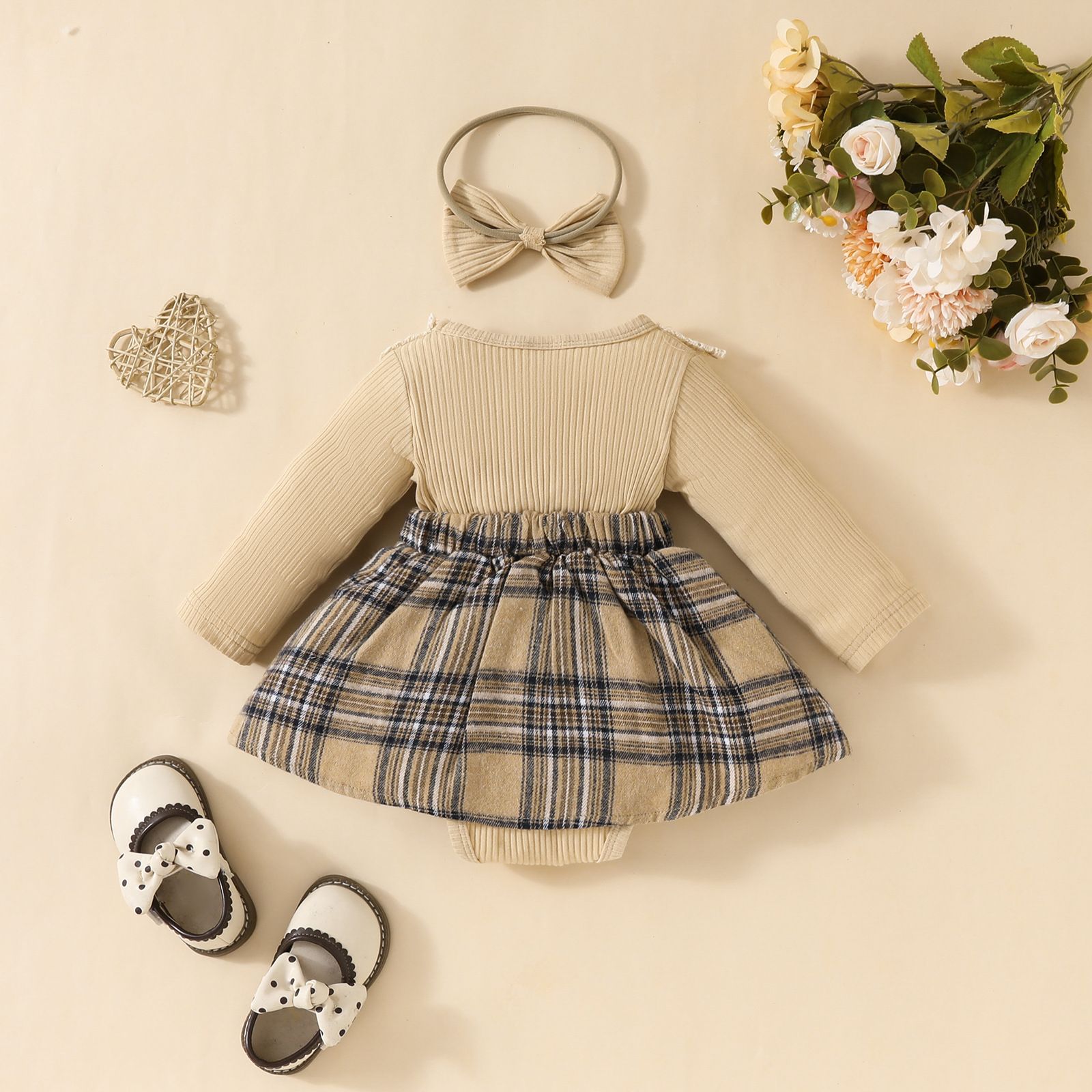 Autumn/Winter New Girls' Checkered Splicing Long Sleeve Dress with Sweet Lace Bow, Cute Daily Sweet Baby Princess Dress