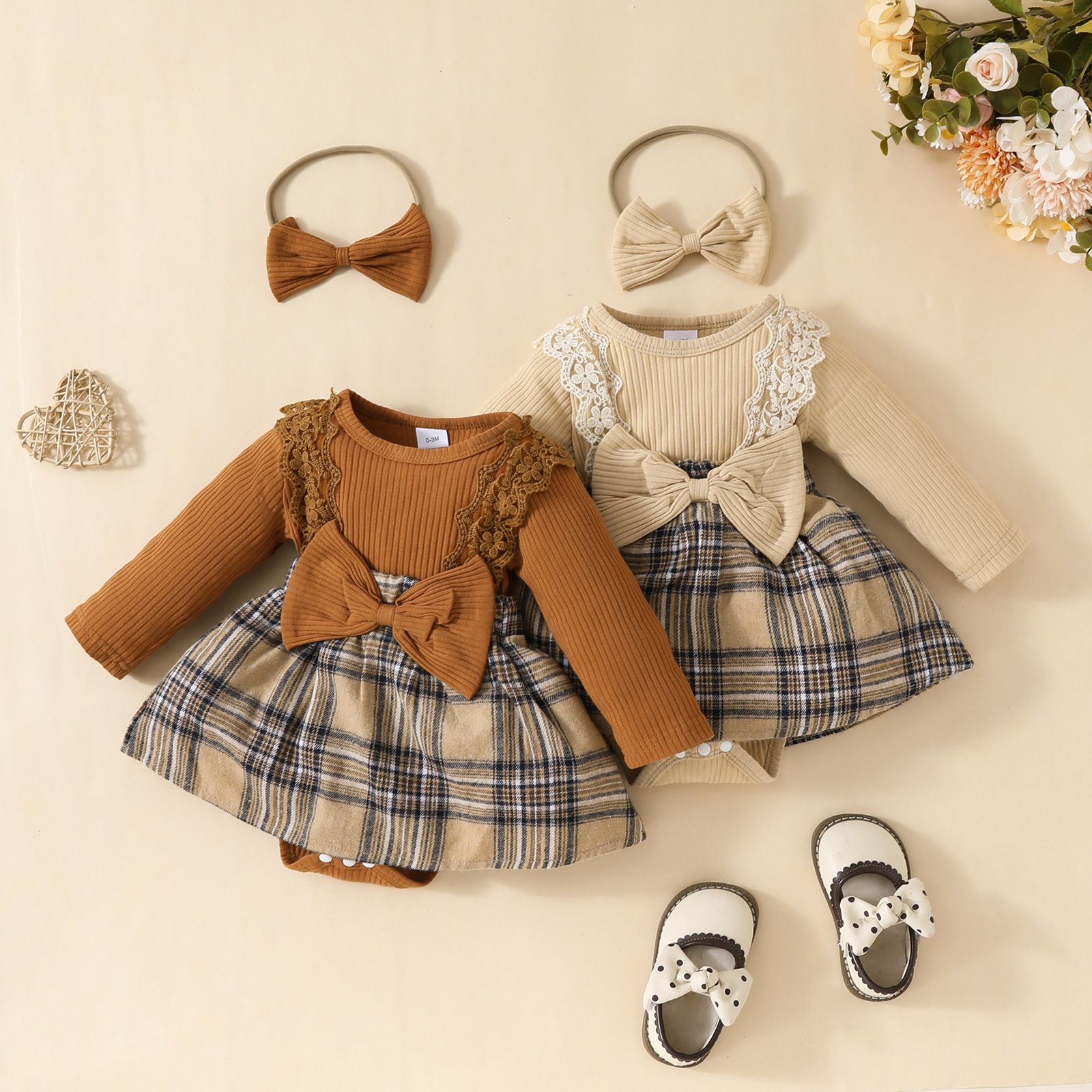 Autumn/Winter New Girls' Checkered Splicing Long Sleeve Dress with Sweet Lace Bow, Cute Daily Sweet Baby Princess Dress