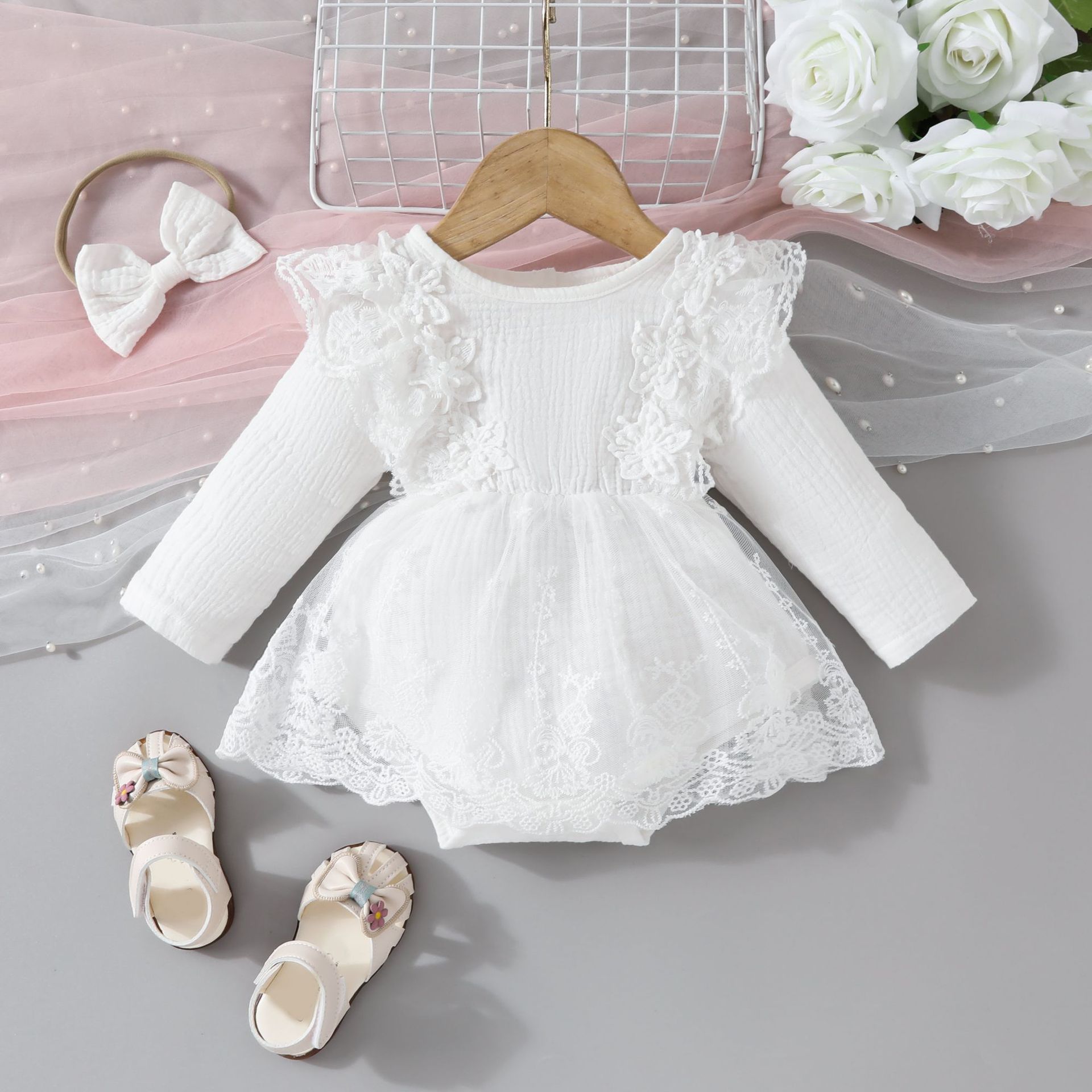 Autumn/Winter New Girls' Long Sleeve Lace Dress, Sweet Princess Bow Baby Dress Set