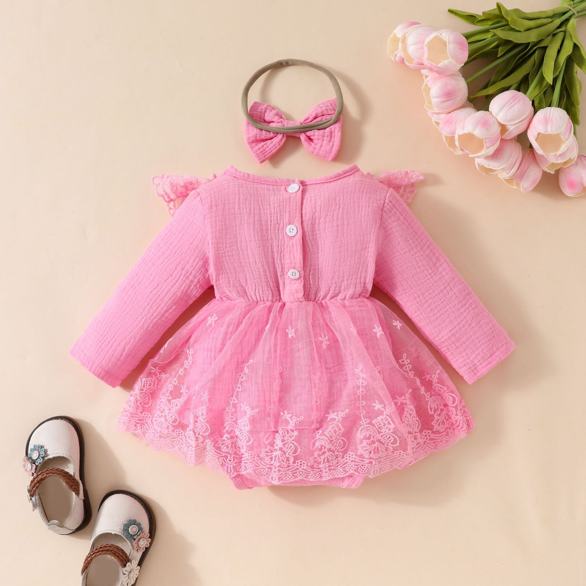 Autumn/Winter New Girls' Long Sleeve Lace Dress, Sweet Princess Bow Baby Dress Set