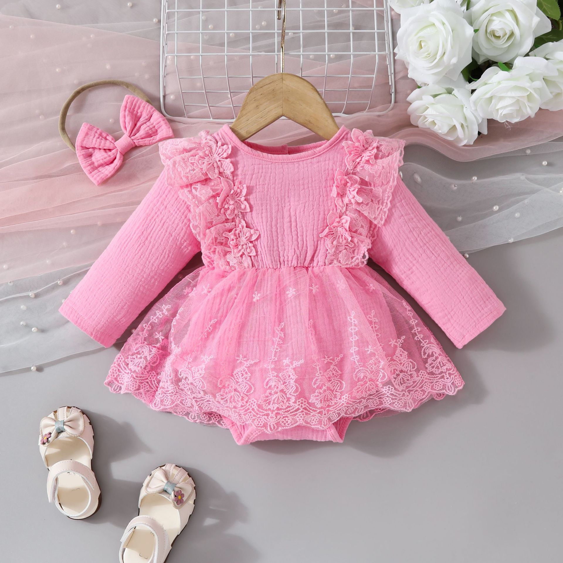 Autumn/Winter New Girls' Long Sleeve Lace Dress, Sweet Princess Bow Baby Dress Set