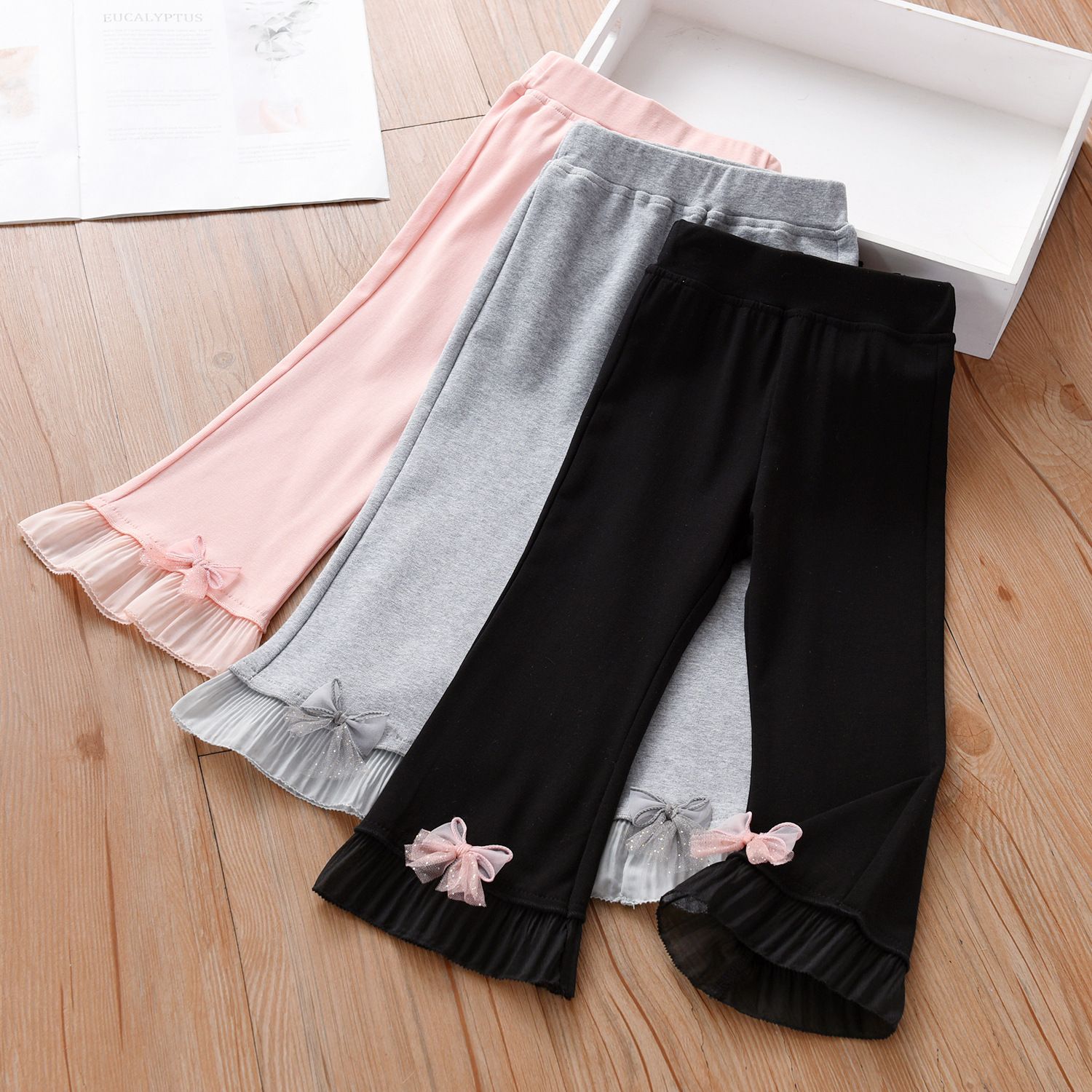 Girls' Flared Pants with Bow Decoration, Fashionable and Versatile Thin Leggings, Trendy Children's Long Pants