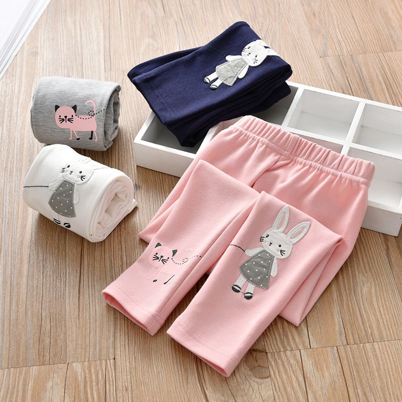 New Girls' Spring and Autumn Cartoon Everyday Printed Leggings, Cute Bunny and Cat Decoration, Casual Warm Long Pants