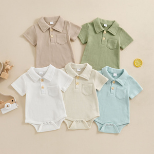 Waffle Textured Baby Polo Romper, Summer Thin Pure Color Gentleman's Jumpsuit, Stylish Collared Baby Outfit for Children